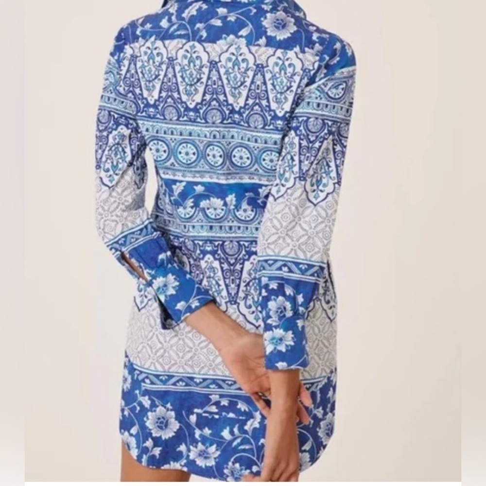 NWOT Anthropologie Printed Button Front Shirt Dress Blue and White Size XS - Picture 2 of 12
